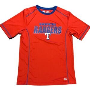 MLB Texas Rangers Adult Medium Short Sleeve T Shirt in Red with Blue Logo